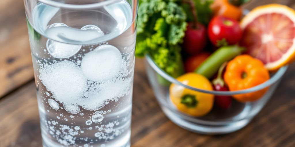 Glass of ozone water and gut-healthy fruits