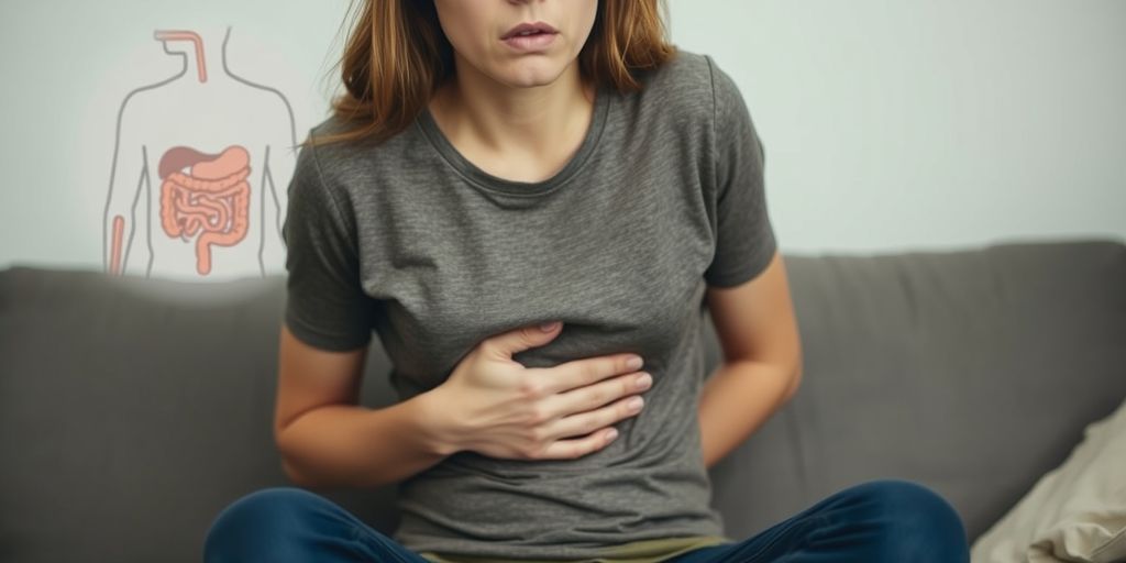 Person holding stomach, looking worried.