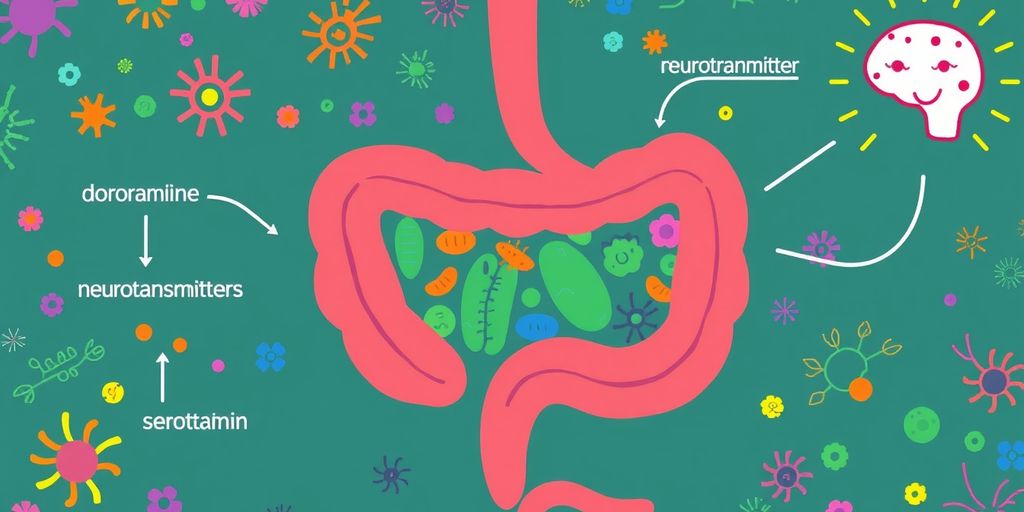 Gut illustration with bacteria and happy brain icon.